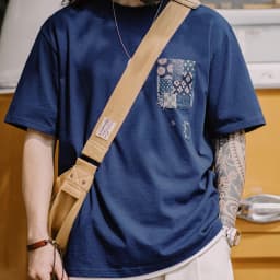 Maden Retro Plant Blue-dyed Short-Sleeve Tee Ancient Cloth Splicing Pocket T-shirt Cotton Round Neck Tops for Men's Summer Tee