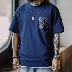 Maden Retro Plant Blue-dyed Short-Sleeve Tee Ancient Cloth Splicing Pocket T-shirt Cotton Round Neck Tops for Men's Summer Tee