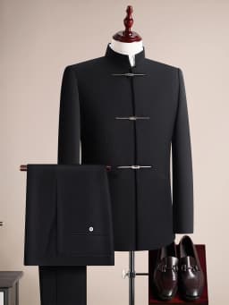 (Jacket+Pants) Chinese Style Stand Up Collar Suit Jacket Pants 2 Piece Set Vintage Luxury Men Slim Casual Social Wedding Tuxedo