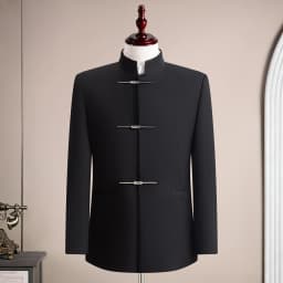 (Jacket+Pants) Chinese Style Stand Up Collar Suit Jacket Pants 2 Piece Set Vintage Luxury Men Slim Casual Social Wedding Tuxedo