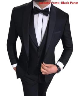 Solid Men's Wedding Suit One Button Shawl Lapel Jacket Vest Pants Dinner Groom Tuxedos Slim Fit Formal Business Suits