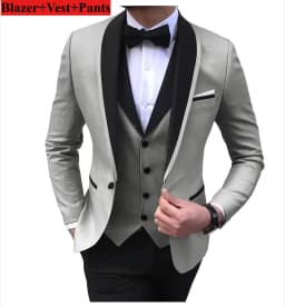 Solid Men's Wedding Suit One Button Shawl Lapel Jacket Vest Pants Dinner Groom Tuxedos Slim Fit Formal Business Suits