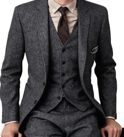 Brown 2026 Mens Tweed Herringbone Wedding Suit Prom Tuxedos 3 Piece Peak Lapel Tweed for Autumn Slim Fit (Blazer+vest+Pants)