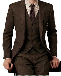 Brown 2026 Mens Tweed Herringbone Wedding Suit Prom Tuxedos 3 Piece Peak Lapel Tweed for Autumn Slim Fit (Blazer+vest+Pants)