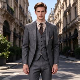 Brown 2026 Mens Tweed Herringbone Wedding Suit Prom Tuxedos 3 Piece Peak Lapel Tweed for Autumn Slim Fit (Blazer+vest+Pants)
