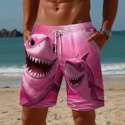 Men's Funny Shark Cartoon Shorts Mid Waist Hawaiian Vacation Drawstring Waist Side Pockets Daily Clothing for Spring & Summer
