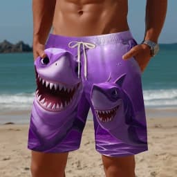 Men's Funny Shark Cartoon Shorts Mid Waist Hawaiian Vacation Drawstring Waist Side Pockets Daily Clothing for Spring & Summer