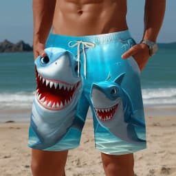 Men's Funny Shark Cartoon Shorts Mid Waist Hawaiian Vacation Drawstring Waist Side Pockets Daily Clothing for Spring & Summer