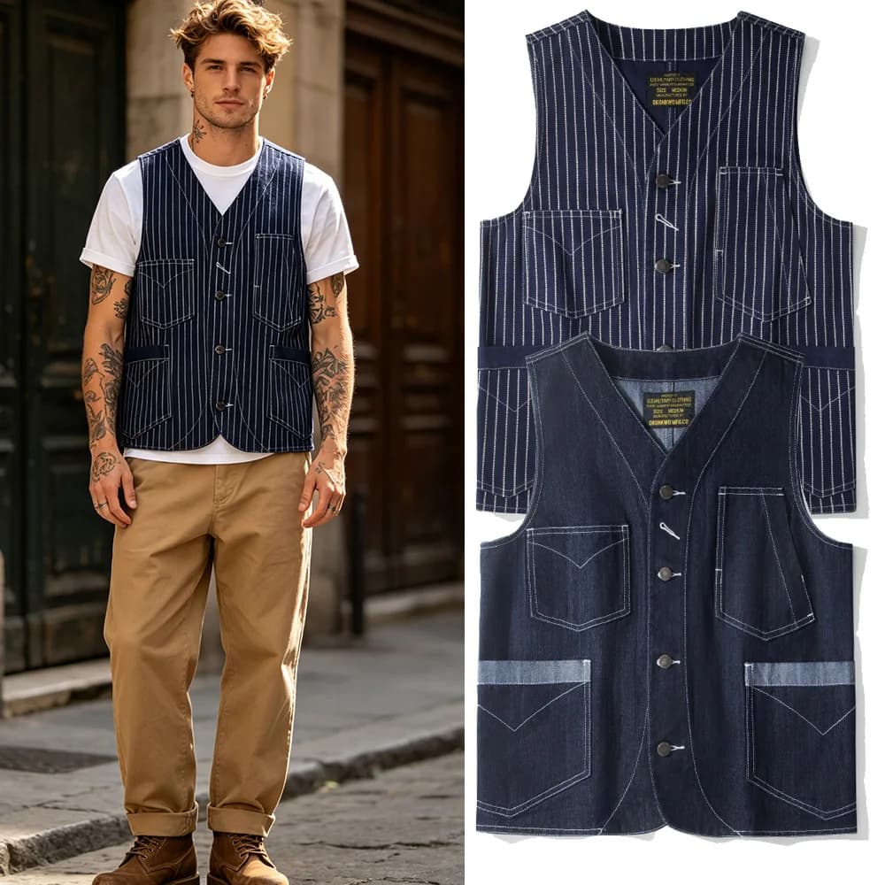 12oz 100% Cotton American Vintage Wabash Stripe Work Vest in Raw Denim Amekaji Style Indigo-Dyed Utility Vest for Men OKONKWO