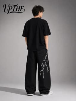 UP.THE Men Solid Black Baggy Wide Leg Jeans, Y2K Oversized Loose Denim Pants, White Lightning Embroidery Streetwear Trousers for Daily Outfits