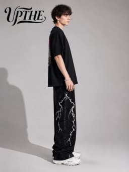 UP.THE Men Solid Black Baggy Wide Leg Jeans, Y2K Oversized Loose Denim Pants, White Lightning Embroidery Streetwear Trousers for Daily Outfits