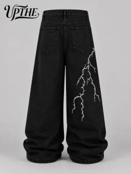 UP.THE Men Solid Black Baggy Wide Leg Jeans, Y2K Oversized Loose Denim Pants, White Lightning Embroidery Streetwear Trousers for Daily Outfits