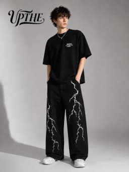 UP.THE Men Solid Black Baggy Wide Leg Jeans, Y2K Oversized Loose Denim Pants, White Lightning Embroidery Streetwear Trousers for Daily Outfits