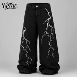 UP.THE Men Solid Black Baggy Wide Leg Jeans, Y2K Oversized Loose Denim Pants, White Lightning Embroidery Streetwear Trousers for Daily Outfits