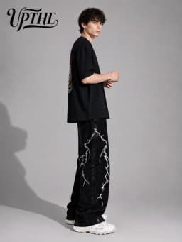 UP.THE Men Solid Black Baggy Wide Leg Jeans, Y2K Oversized Loose Denim Pants, White Lightning Embroidery Streetwear Trousers for Daily Outfits