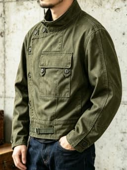 Swedish Motorcycle Jacket, Men's Retro Military Green Casual Cropped Jacket, 100% Cotton Canvas Workwear Asymmetric Safari Style