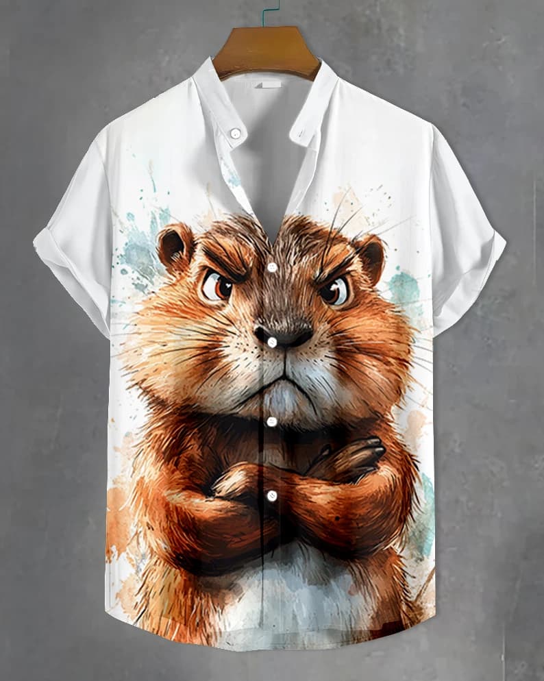 Funny Animal Pattern Men's Shirts Short Sleeve Button Down Lapel Shirts For Summer Oversized Tops Casual Hawaiian Shirt