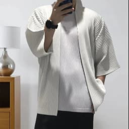Miyake Pleated Kimono Cardigan Men Japanese Haori Jacket Open Front Loose Fit Plisse Lightweight Summer Coat Casual Outerwear