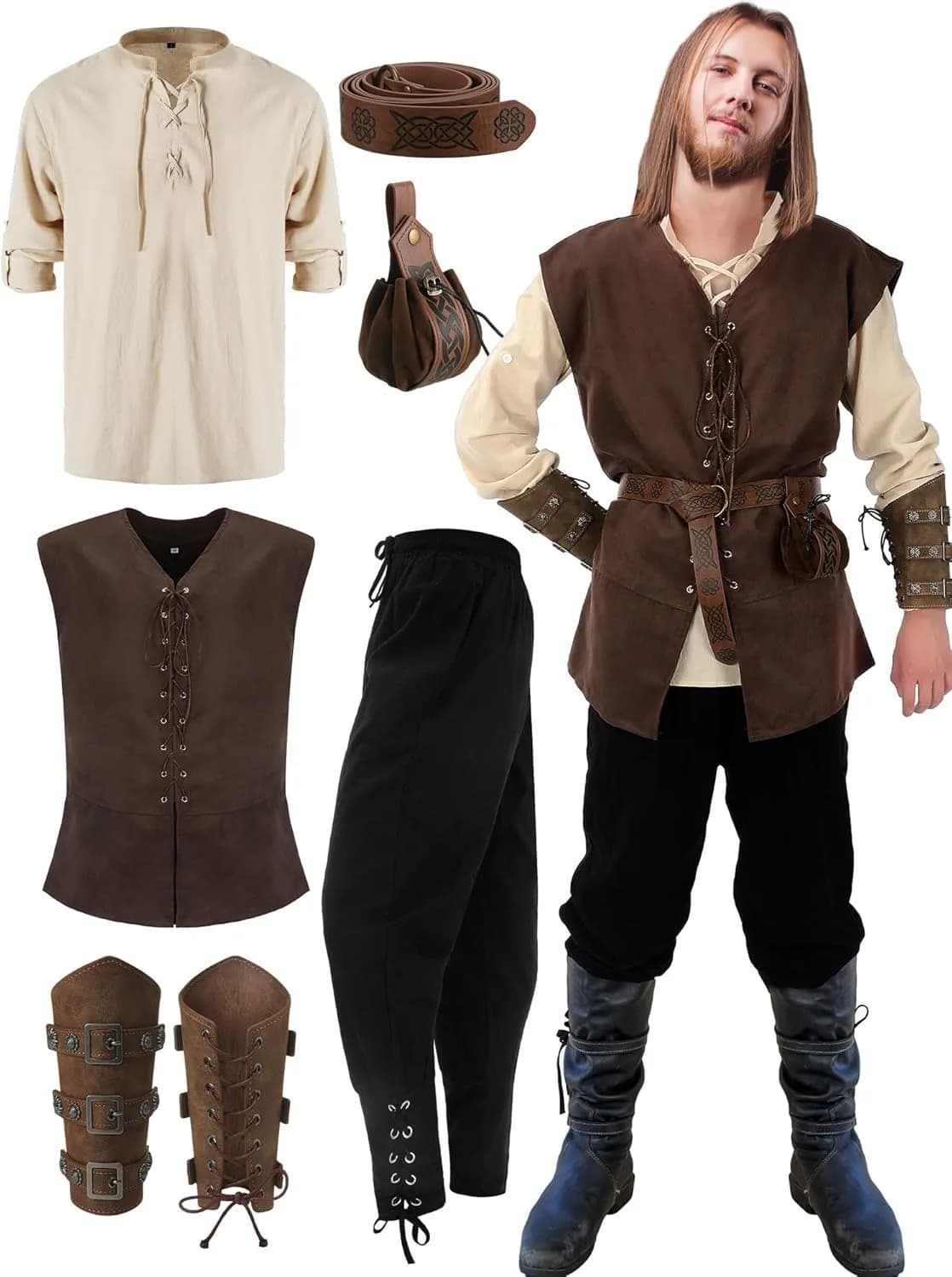 6 Pcs Men's Halloween Renaissance Costume Set Medieval Vest Shirt Ankle Banded Pants Viking Belt Armband Pouch