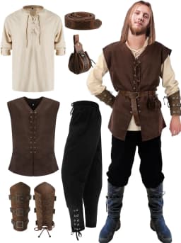 6 Pcs Men's Halloween Renaissance Costume Set Medieval Vest Shirt Ankle Banded Pants Viking Belt Armband Pouch