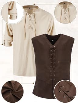 6 Pcs Men's Halloween Renaissance Costume Set Medieval Vest Shirt Ankle Banded Pants Viking Belt Armband Pouch
