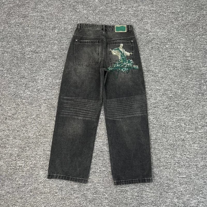 Real Photos Derschutze Jeans High Quality Pattern Embroidery Denim Trousers Retro Grey Street Men Women Pants