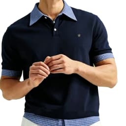 CH Metal Logo Short Sleeve Polo Shirt Men Plaid Patchwork Fake Two Piece Straight Fit Casual Daily Office Tops