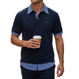 CH Metal Logo Short Sleeve Polo Shirt Men Plaid Patchwork Fake Two Piece Straight Fit Casual Daily Office Tops