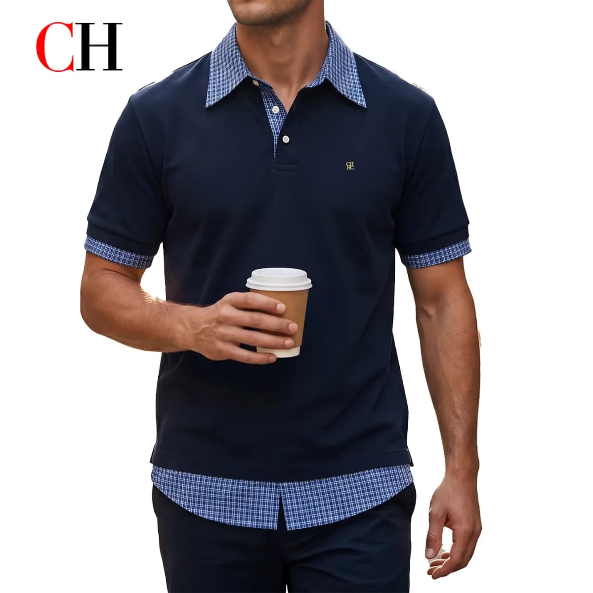 CH Metal Logo Short Sleeve Polo Shirt Men Plaid Patchwork Fake Two Piece Straight Fit Casual Daily Office Tops