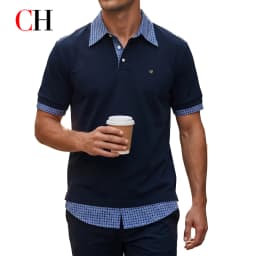 CH Metal Logo Short Sleeve Polo Shirt Men Plaid Patchwork Fake Two Piece Straight Fit Casual Daily Office Tops