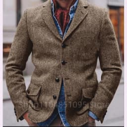 (Only Coat)Brown Herringbone Men's Suit Blazer Prom Tuxedos Wool Tweed Single Breasted Two Buttons Bussiness/Wedding Jacket Tops