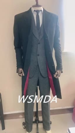 Mens Winter Groom Wear Wedding Dress Business Suit Party Suit Herringbone Tweed 4Piece (Overcoat+Jacket+Pant+Vest)