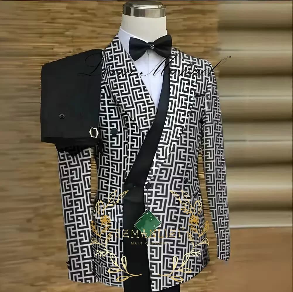 Luxuly Plaid Double Breasted Men Suit Custumized Slim Fit Peaked Lapel Groom Wedding Tuxedos Male Prom Blazers 2 Pieces Sets