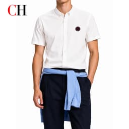 CH Men's White Oxford Short Sleeve Shirt Button Down Collar Circular Patch Logo Cotton Business Formal Casual Button Up Shirts