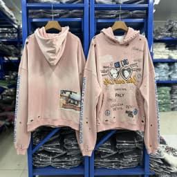 Tear Collar Chest Embroidery Colorful Label Paly Hoodie Men Women Dropped Shoulder Sweatshirts Washed Fade Loose Pullovers