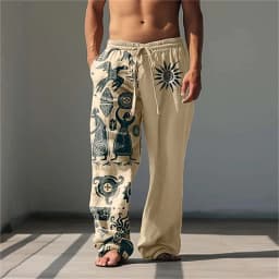 3D printed vintage pattern print, fashionable high-quality comfortable men's wide-leg pants, trendy printed men's pants