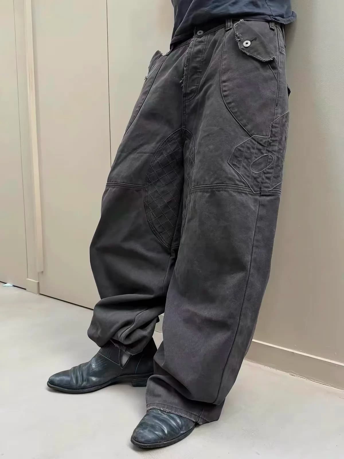 F8 Heavy‑Duty Patchwork Straight‑Leg Baggy Cargo Pants Reworked Workpants
