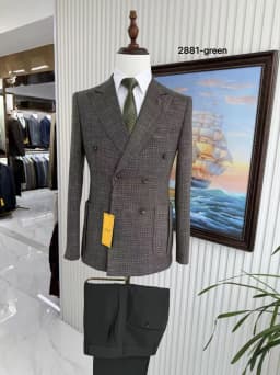 Plaid Double Breasted Suit For Men Slim Fit 2 Piece Business Casual Blazer Pants Set Vintage British Style Formal Wedding Tuxedo
