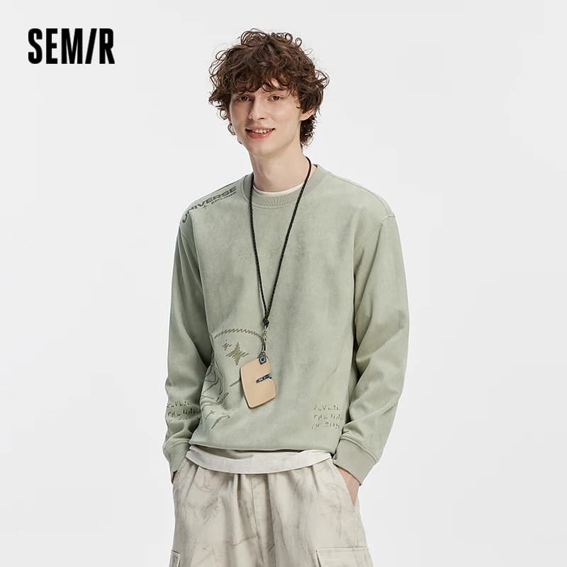 Semir Men Sweatshirt Suede Feel Print Crew Neck Knit Pullover Slight Loose Casual Style Autumn Top Daily Wear 2026