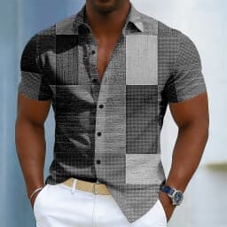 Men's Short Sleeve Turndown Collar Button Up Shirt, Geometric Color Block Patchwork 3D Print Design, Spring & Summer Vacation