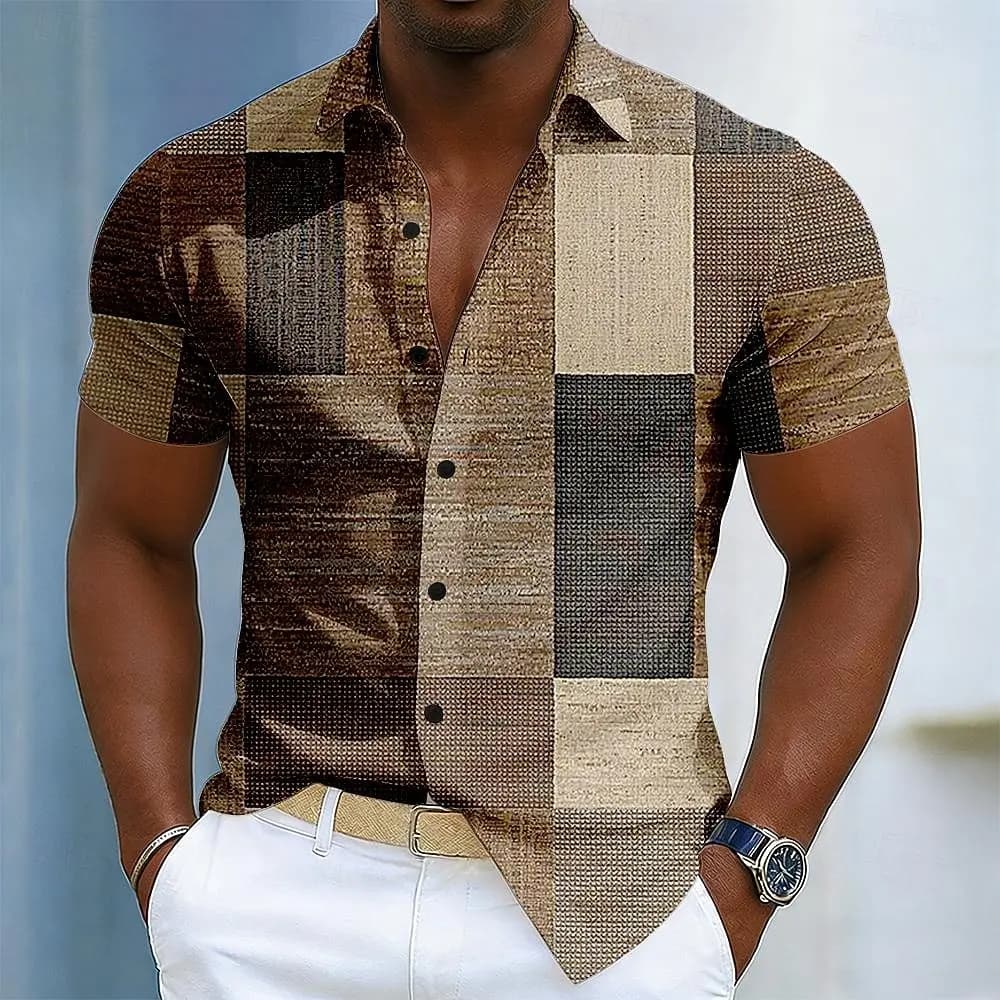 Men's Short Sleeve Turndown Collar Button Up Shirt, Geometric Color Block Patchwork 3D Print Design, Spring & Summer Vacation