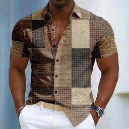 Men's Short Sleeve Turndown Collar Button Up Shirt, Geometric Color Block Patchwork 3D Print Design, Spring & Summer Vacation