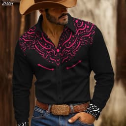 Retro Men's Floral Western long sleeve Shirt, 3D Ethnic Print Design, Vintage Button Up Collared, Spring Fall Casual Workwears