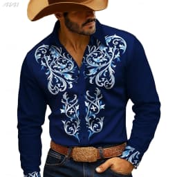 Retro Men's Floral Western long sleeve Shirt, 3D Ethnic Print Design, Vintage Button Up Collared, Spring Fall Casual Workwears