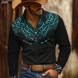 Retro Men's Floral Western long sleeve Shirt, 3D Ethnic Print Design, Vintage Button Up Collared, Spring Fall Casual Workwears