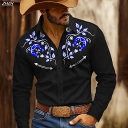 Retro Men's Floral Western long sleeve Shirt, 3D Ethnic Print Design, Vintage Button Up Collared, Spring Fall Casual Workwears
