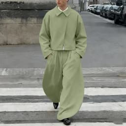 INCERUN Men Sets Solid Color Lapel Long Sleeve Shirt & Pants Two Pieces Sets Streetwear Loose 2026 Fashion Men's Casual Suits