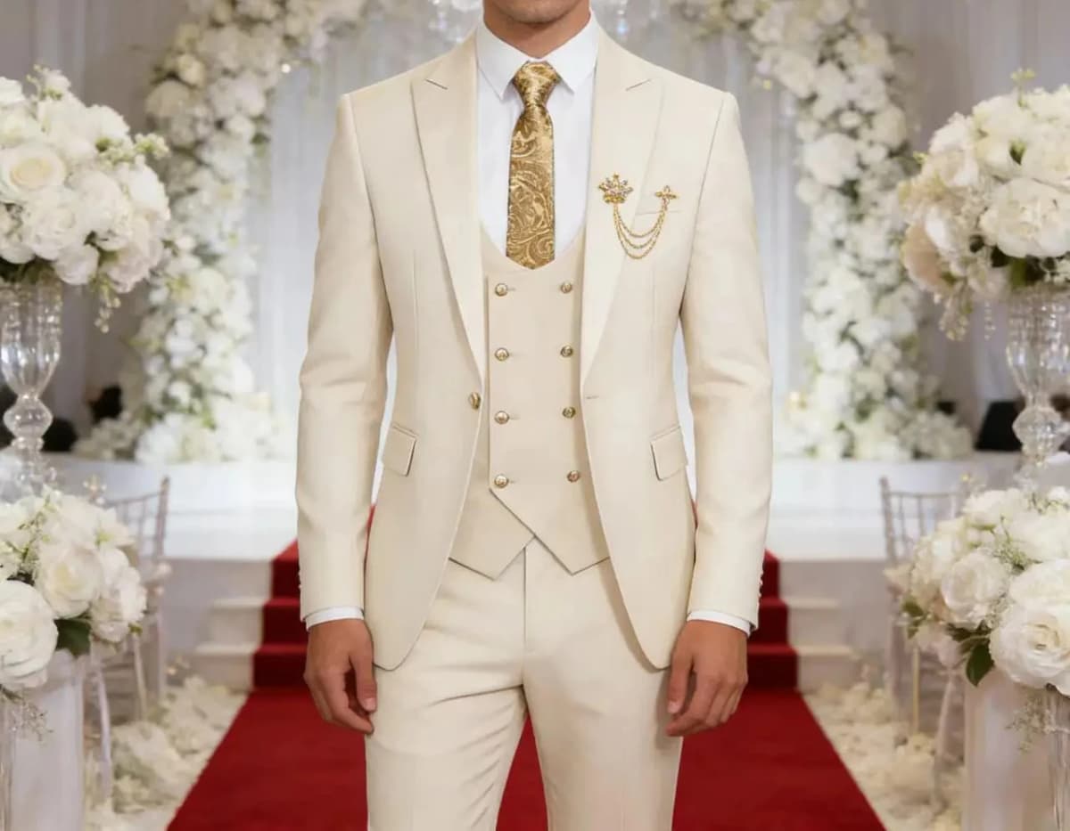 Men's 3-Piece Suit Set Classic One Gold Button Slim Fit Blazer Vest Pants Formal Business Wedding Wear