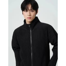Miyake Pleated Men's Zip Up Jacket Plisse Cardigan Two Way Zipper Oversized Loose Fit Japanese Streetwear Casual Outerwear
