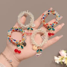 1/2pcs Colorful Crystal Cherry Hair Rope Sweet Rhinestone Hair Ring High Elastic Headband Bracelet Dual Use Tendon Headwear